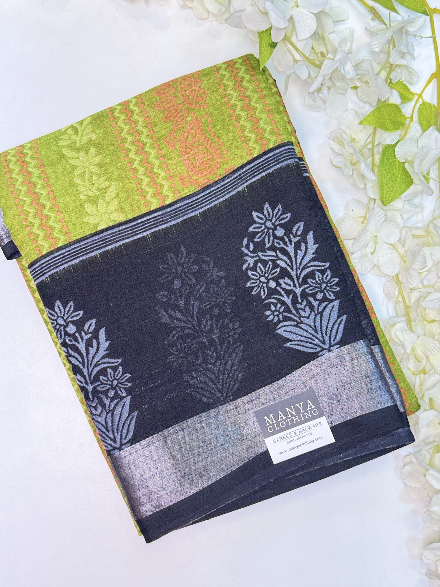 Green-Black Linen Cotton Saree