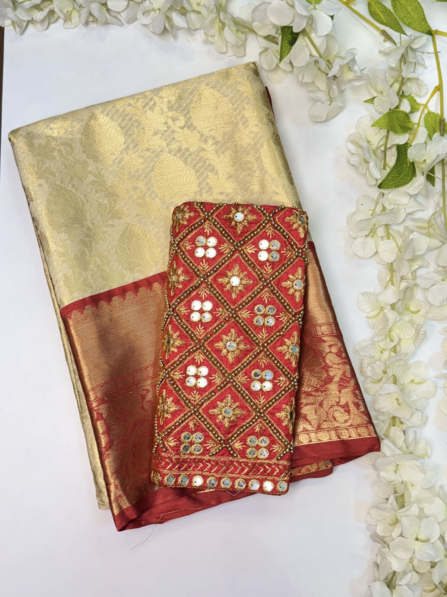 Light Gold-Red Kanchi Semi Silk Saree with Work Blouse Combo