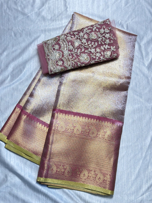 Light Pink Tissue Saree with Work Blouse Combo