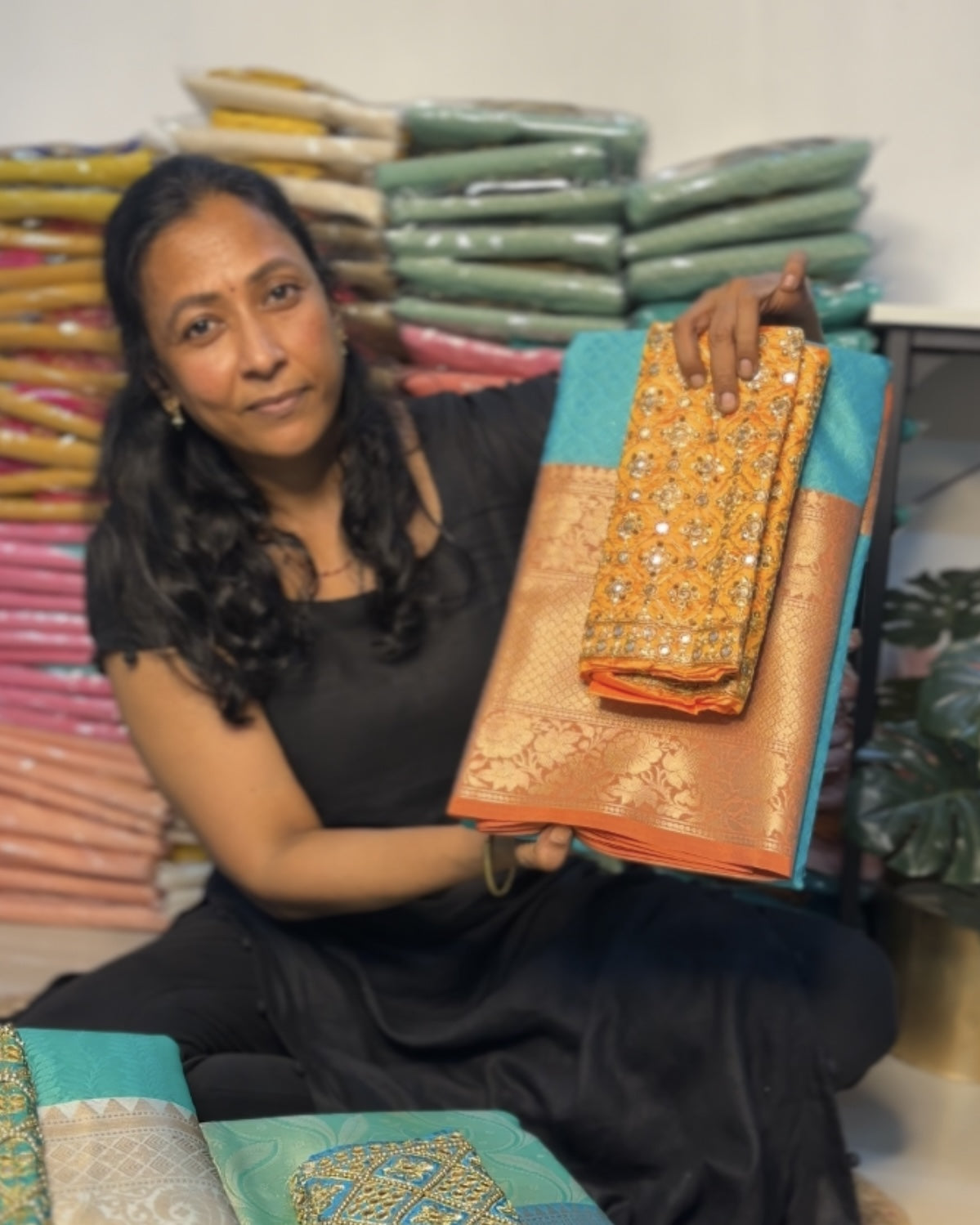 Rama green Orange Big Border Kora Muslin Saree with Work blouse combo