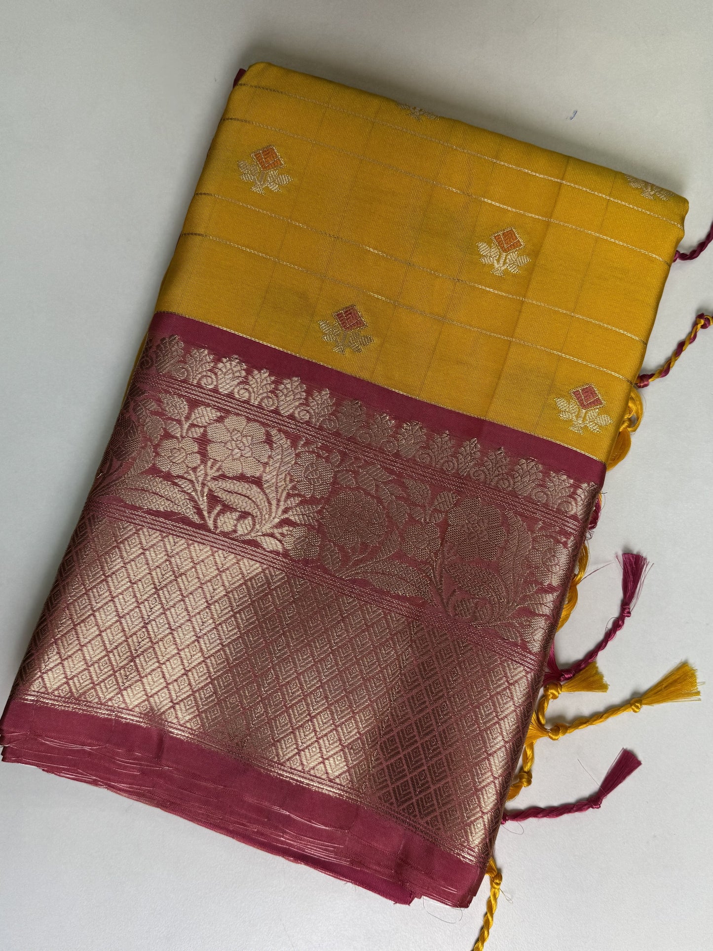 Yellow with Pink Semi Silk Saree