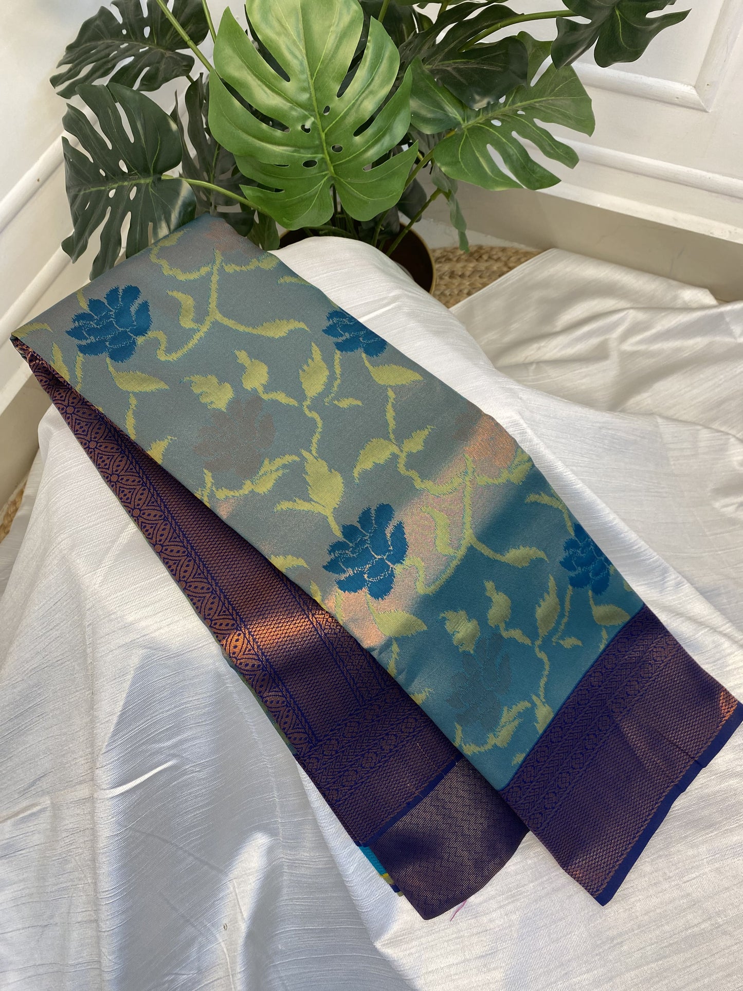 Light Blue Blue Poly Silk Saree with work blouse combo