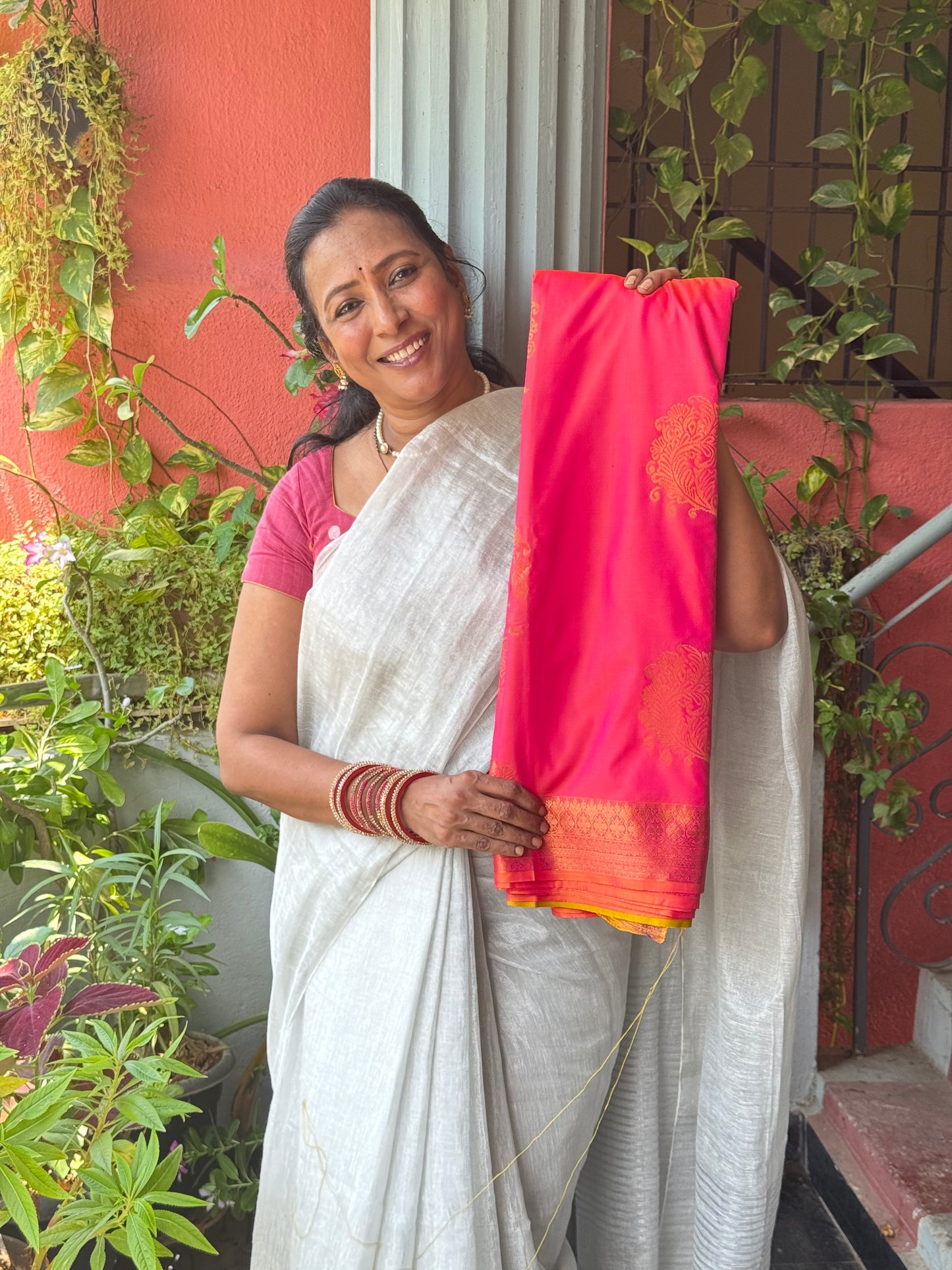 Tomato Pink Soft Silk Saree