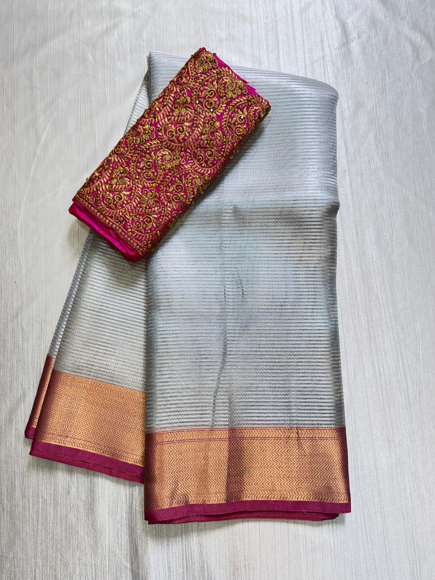 Silver Pink Tissue Saree With Work Blouse Combo