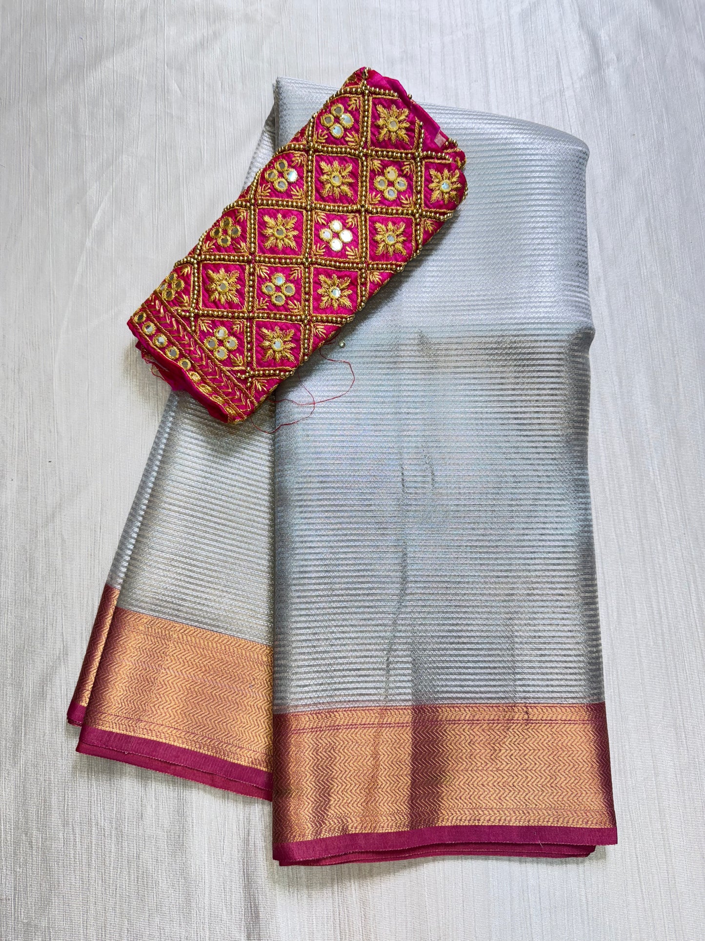 Silver Pink Tissue Saree With Work Blouse Combo