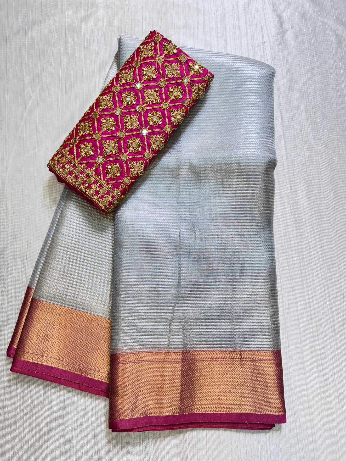 Silver Pink Tissue Saree With Work Blouse Combo