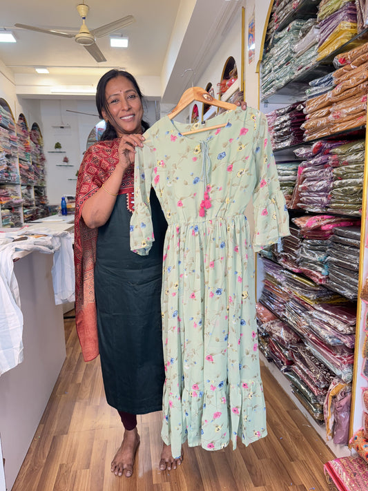 Pastel Green Floral Printed Gown