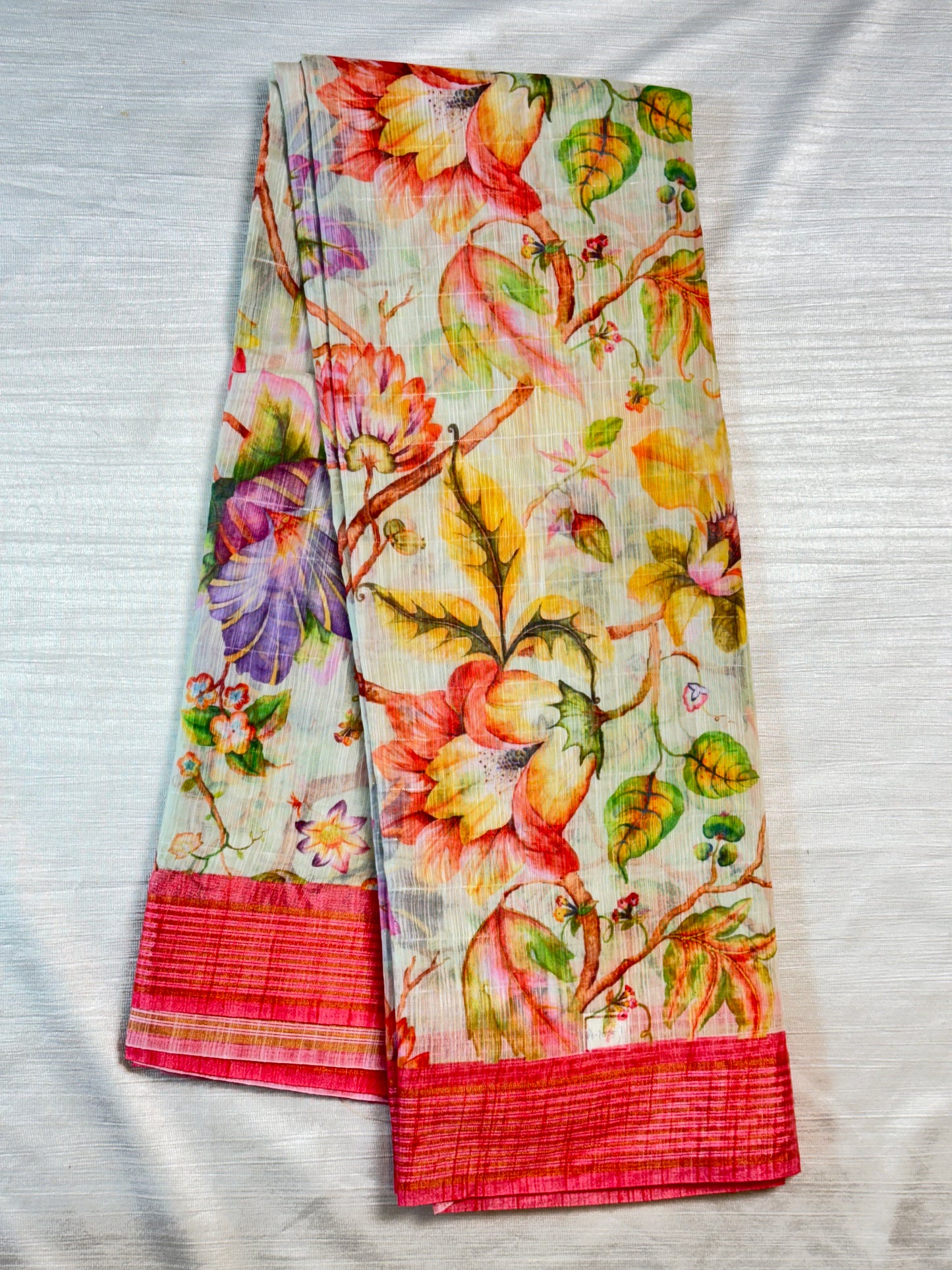 Off White Red linen Saree