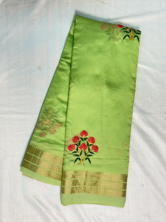 Light Green Cotton Saree With Embroidery Design