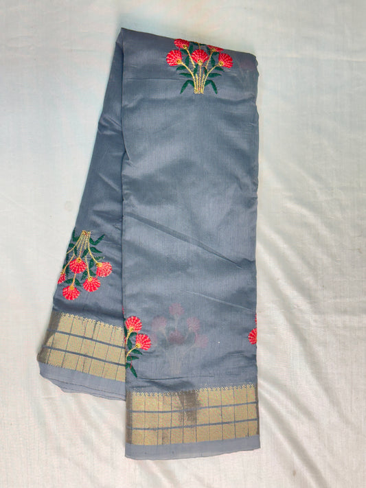 Grey Cotton Saree With Embroidery Design