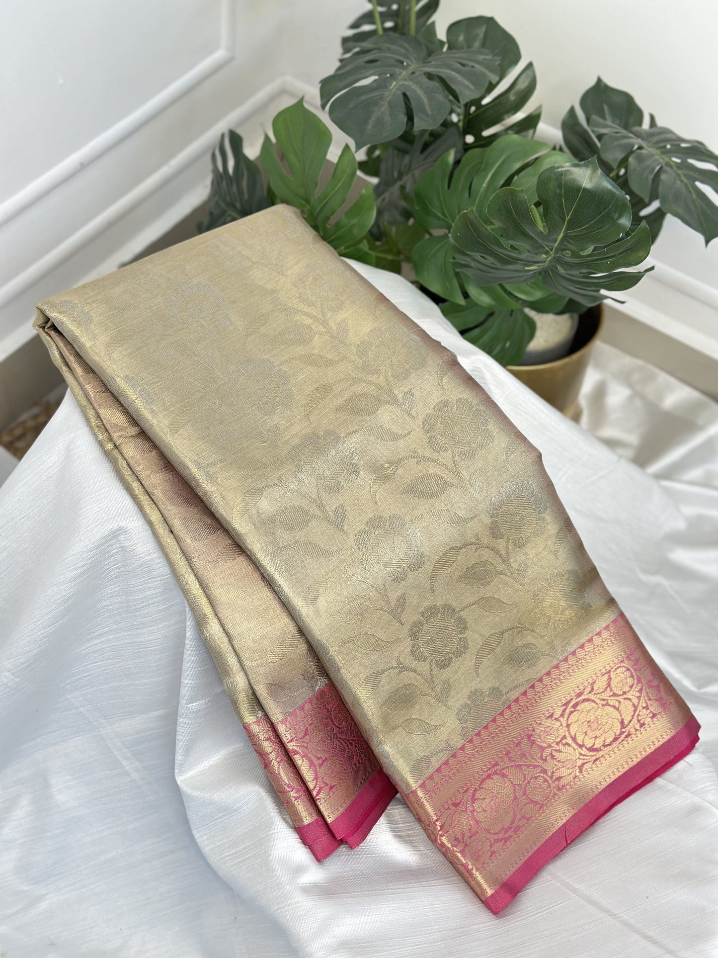 Golden Silver Pink Tissue Saree