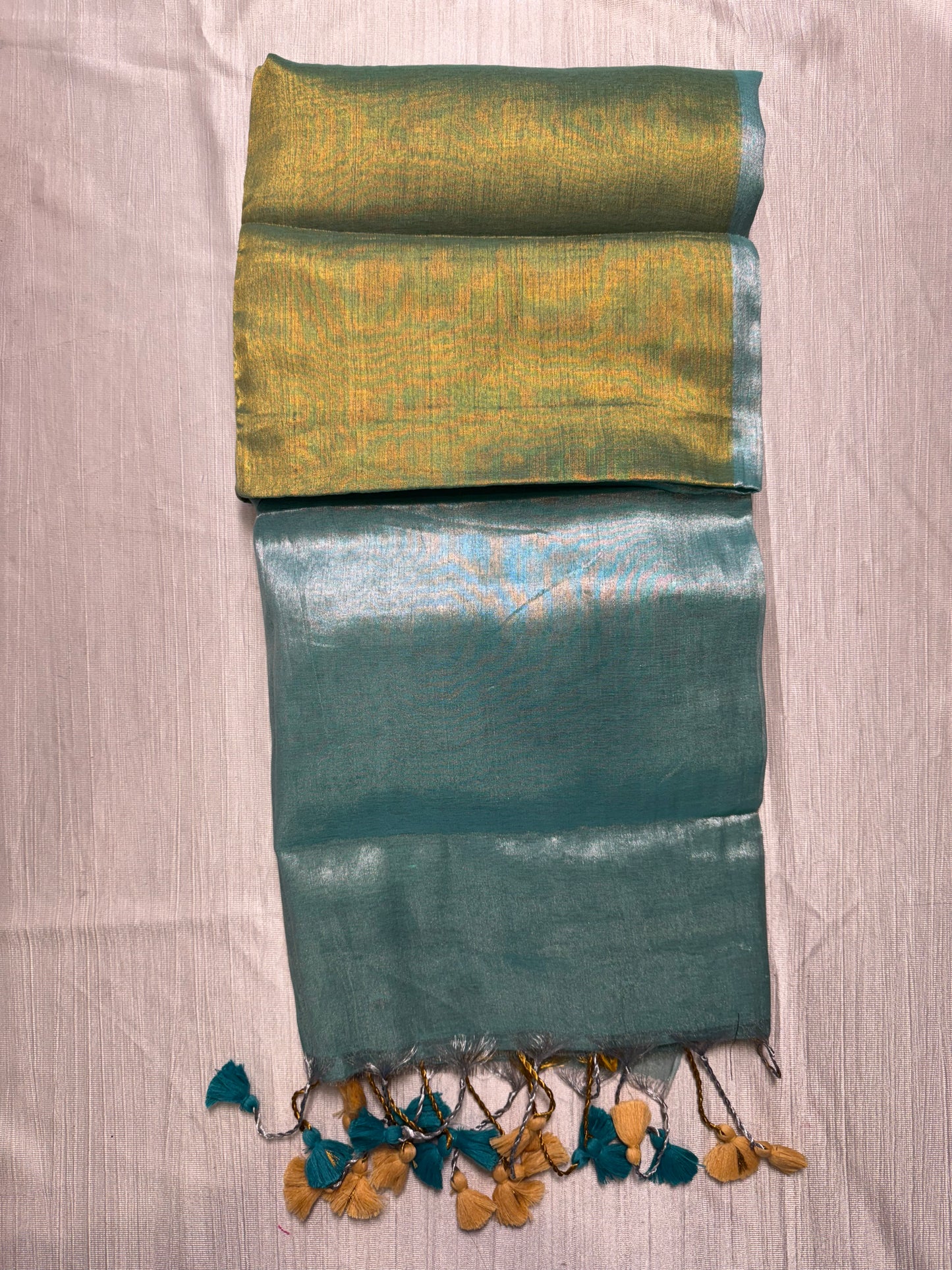 Rama Green & Sea Foam Green Plain Tissue Saree