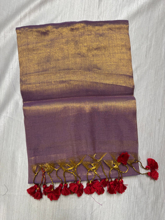 Light Lavender Red Tassels Plain Tissue Saree