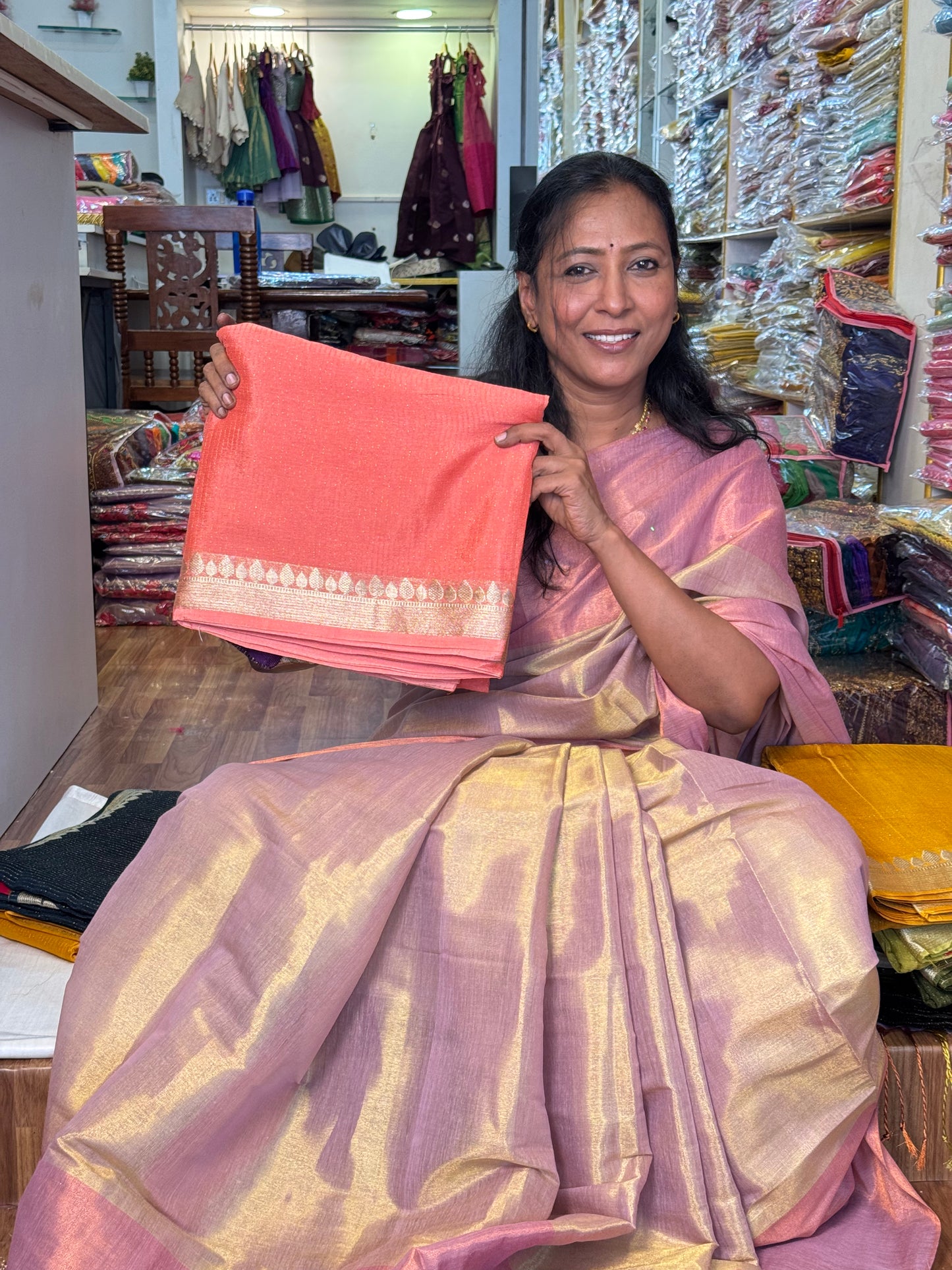 PEACH viscose chinnon tissue saree