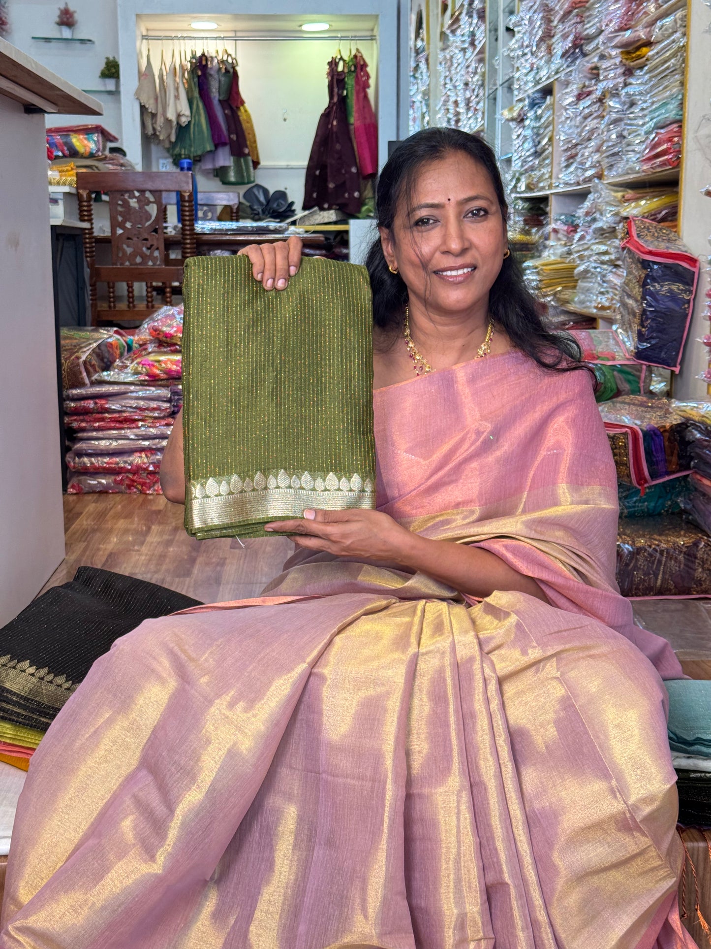 Dark Green viscose chinnon tissue saree