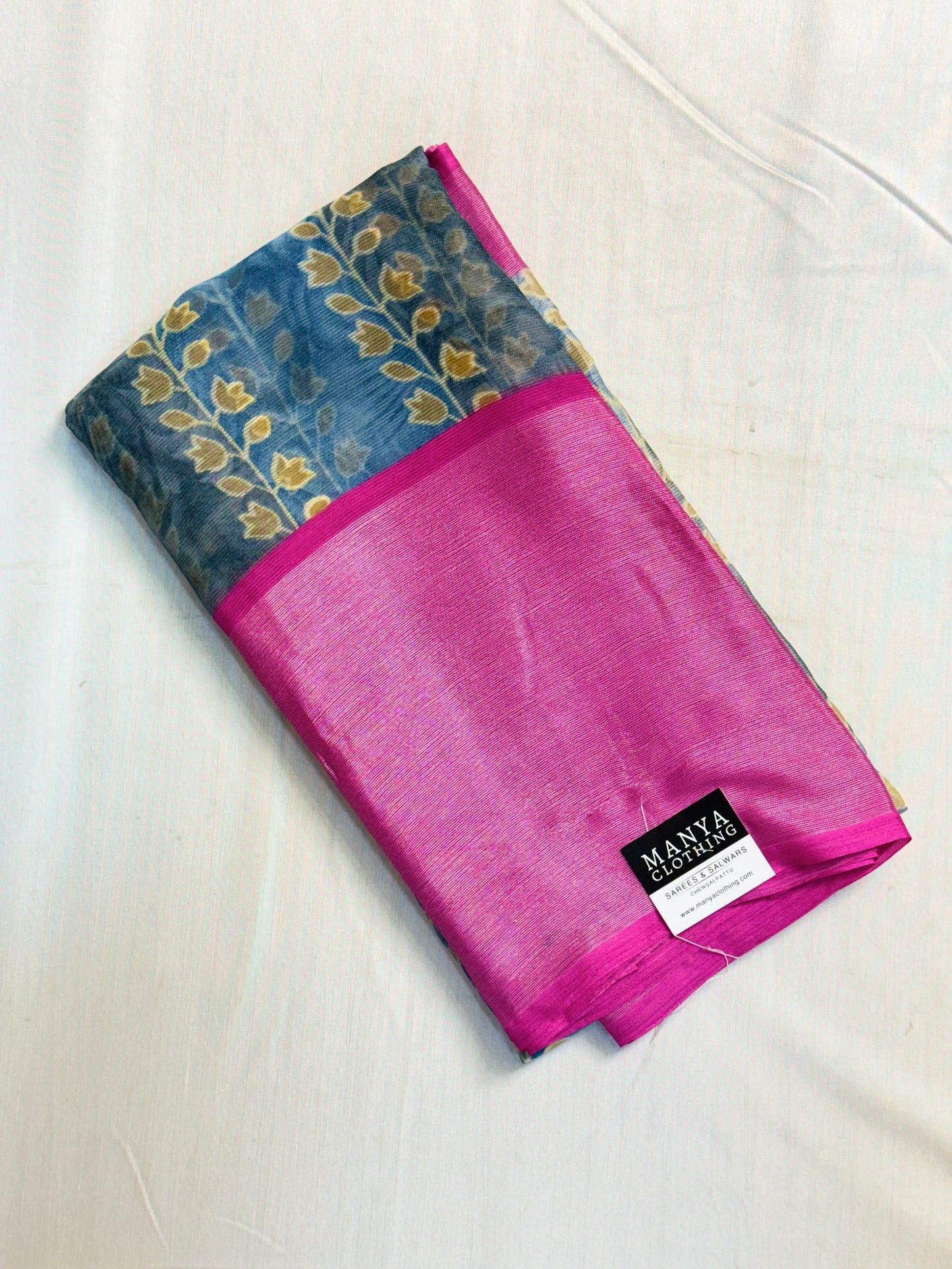 Blue with Pink Bordered Chiffon Saree