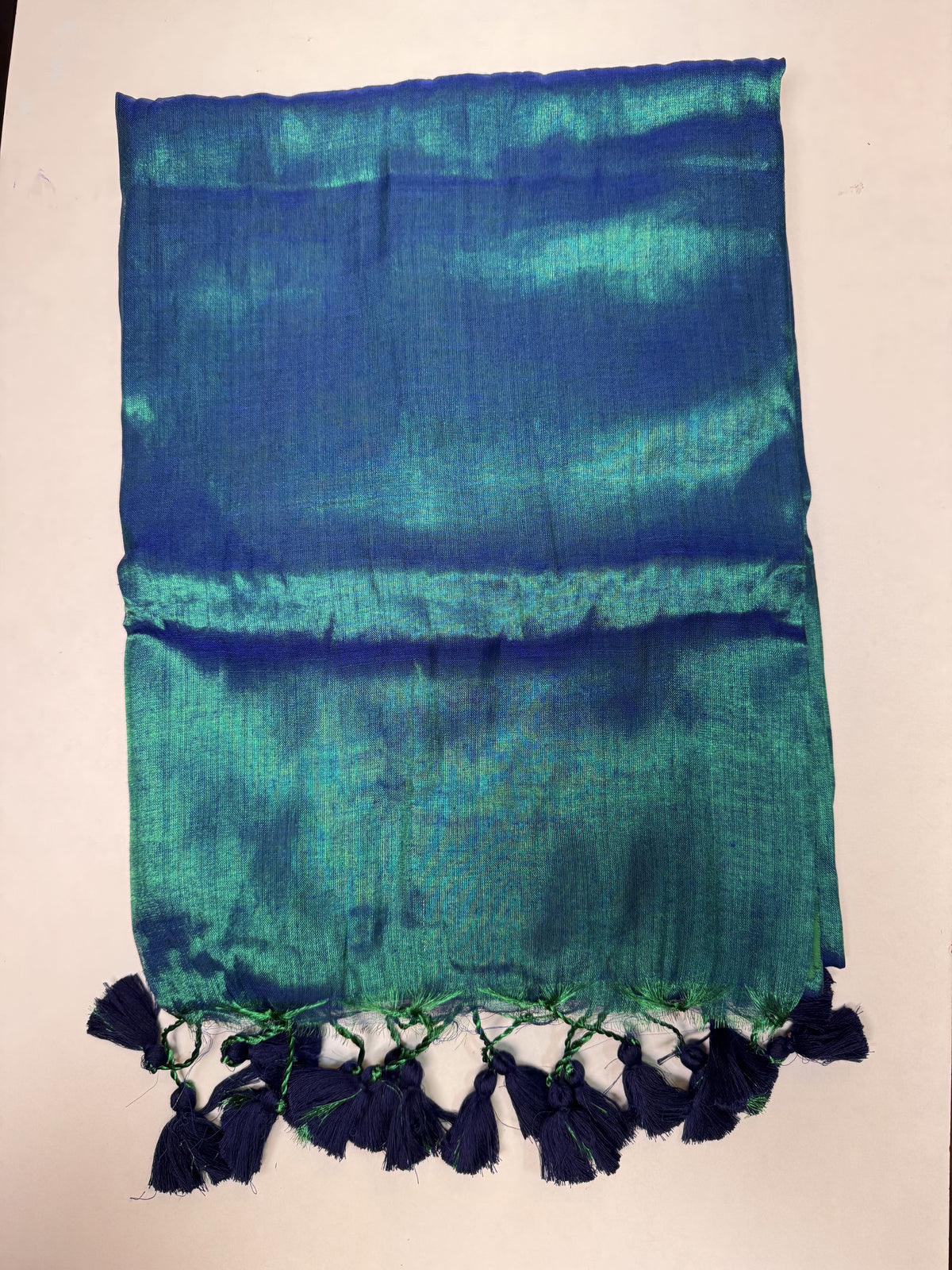 Peacock Green, Navy Blue Tassels Plain Khadi Tissue Saree