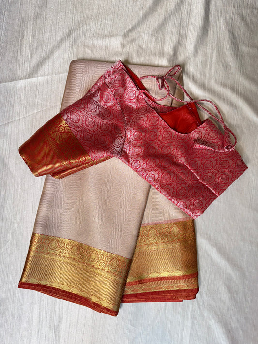Half White Red  Saree With Stitched Blouse