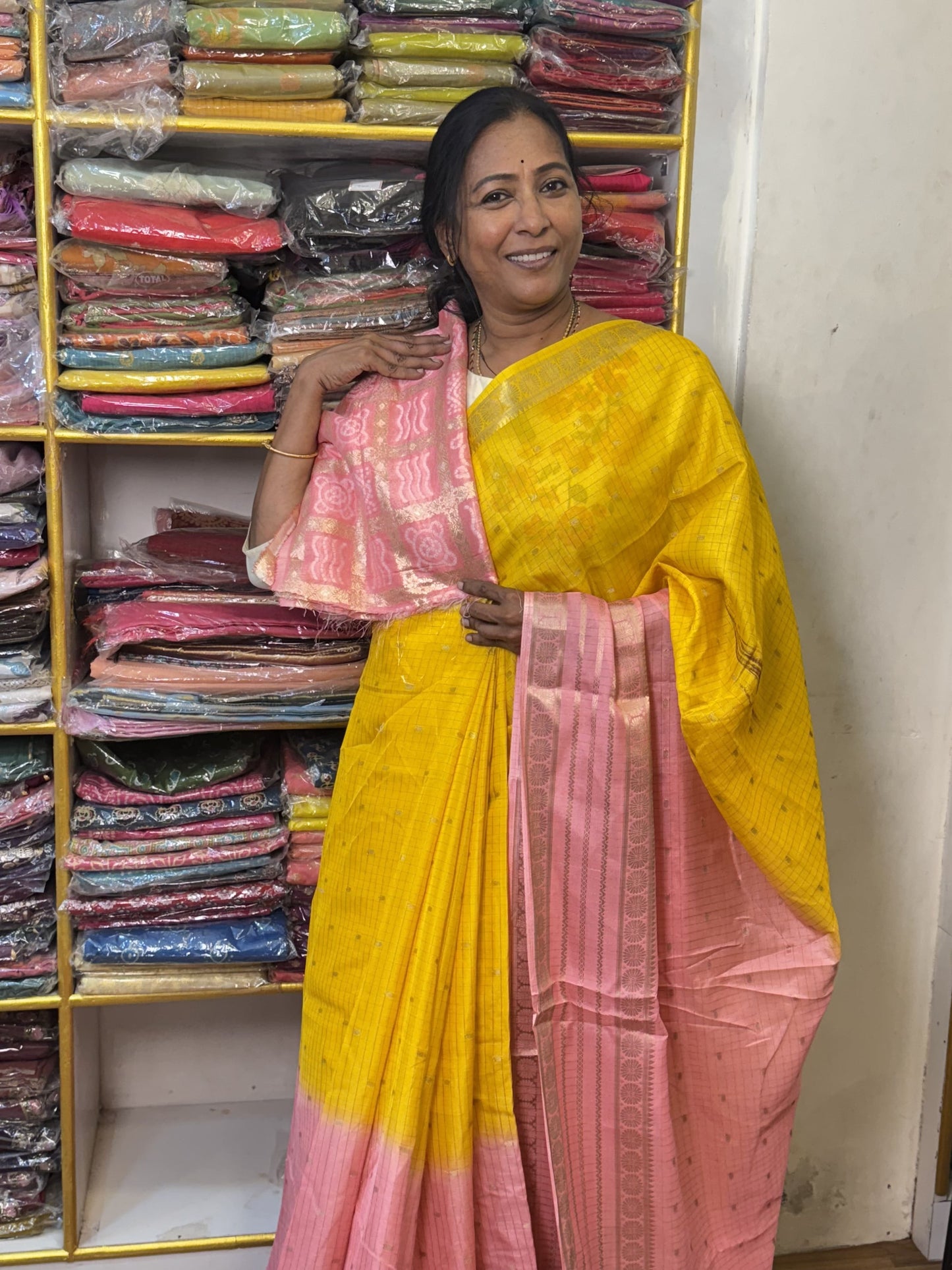 Yellow with Pink Mashmallow Saree