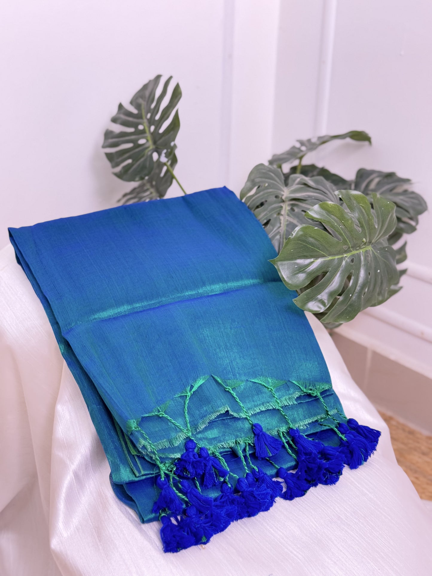 Peacock Green Dark Blue Tassels Plain Tissue Saree