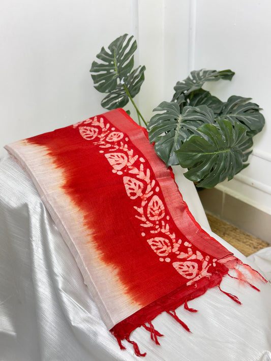 Half White Red Linen Saree .
