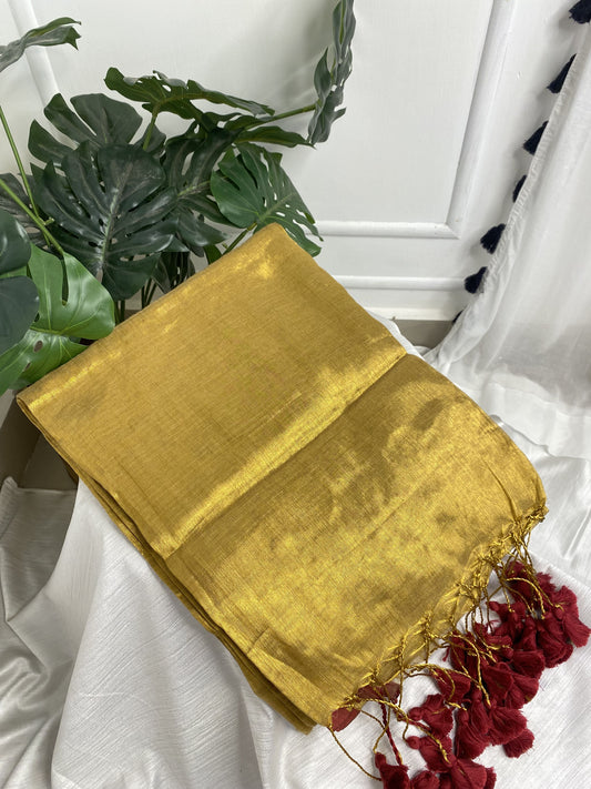 Golden Maroon Tassels Plain Tissue Saree