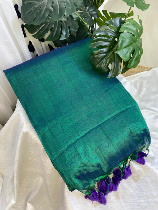 Peacock Green Purple Tassel Plain Tissue Saree