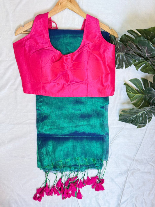 Peacock Green Pink Tassel Plain Tissue Saree with Sleeveless Blouse Combo