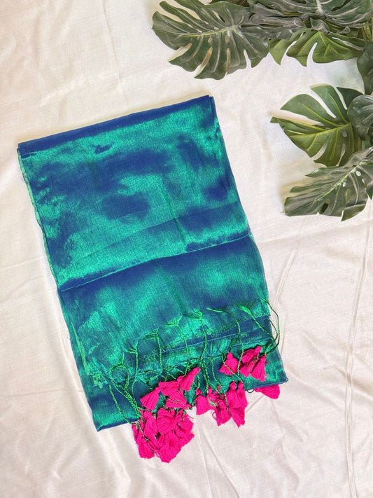 Peacock Green Pink Tassel Plain Tissue Saree