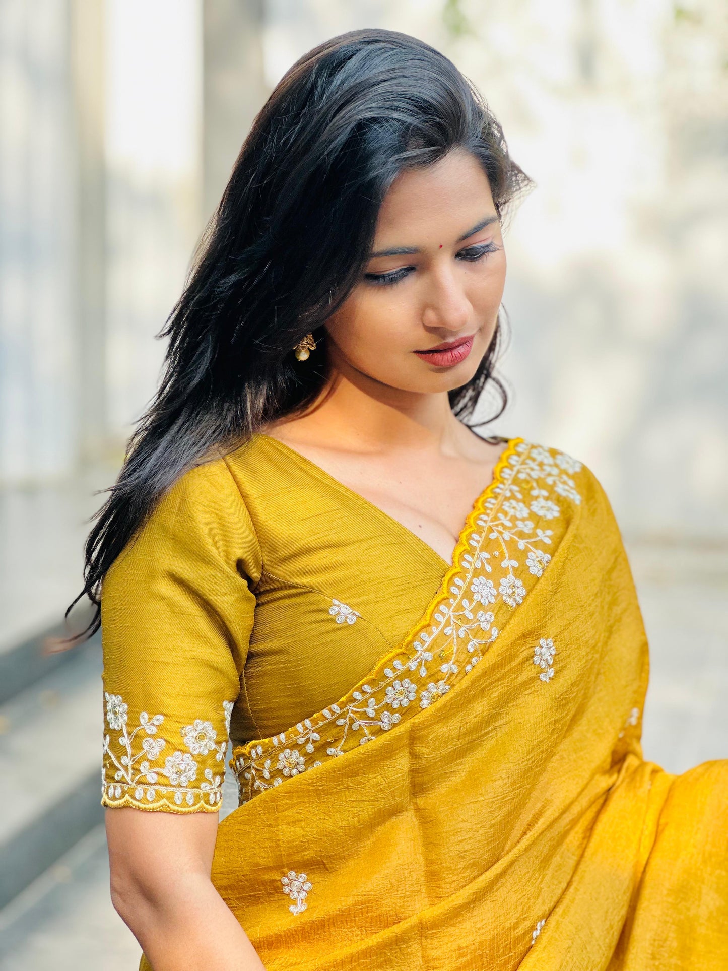 Mustard Designer Saree With Stitched Blouse