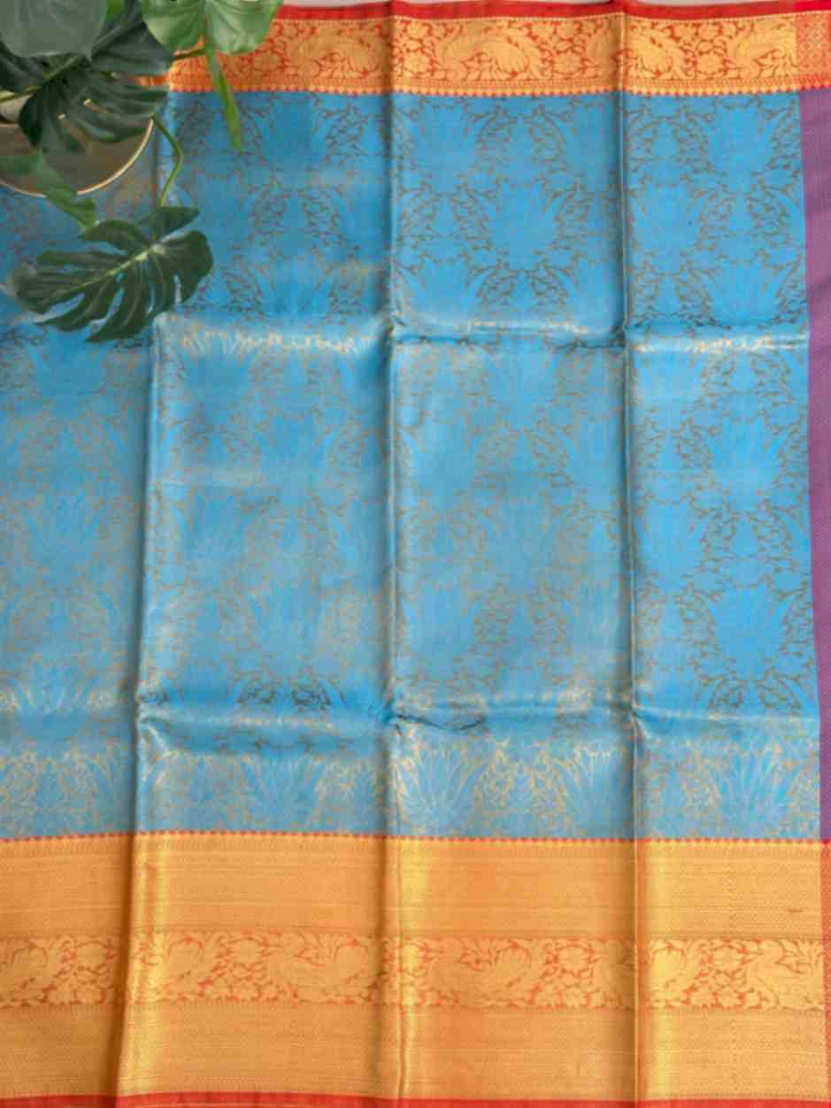 Blue & Red Tissue Saree with Work Blouse Combo