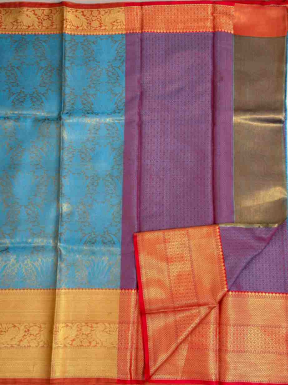 Blue & Red Tissue Saree with Work Blouse Combo