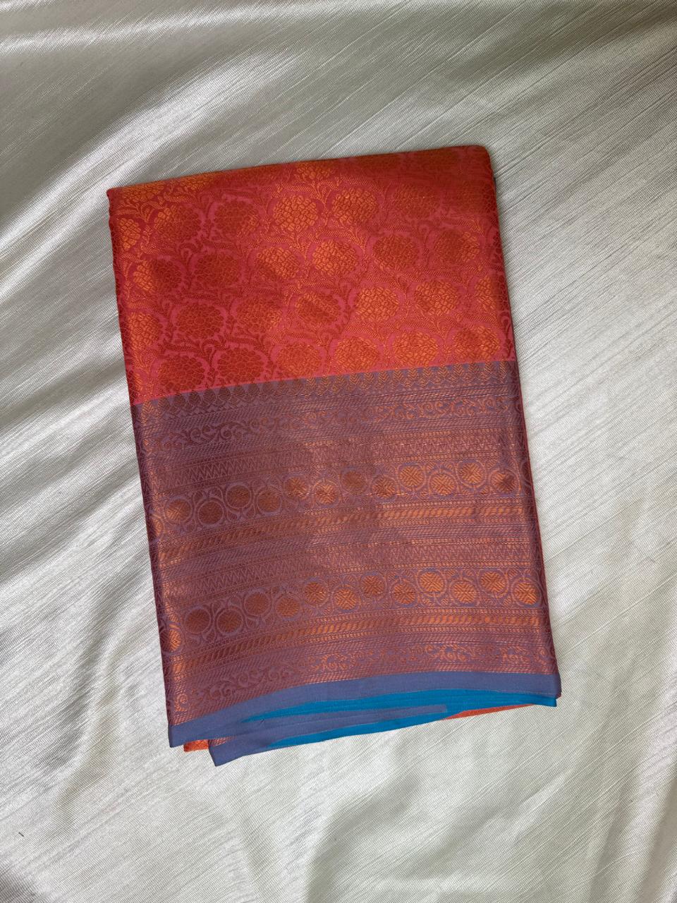 Peach Blue Semi Kathan Silk Saree