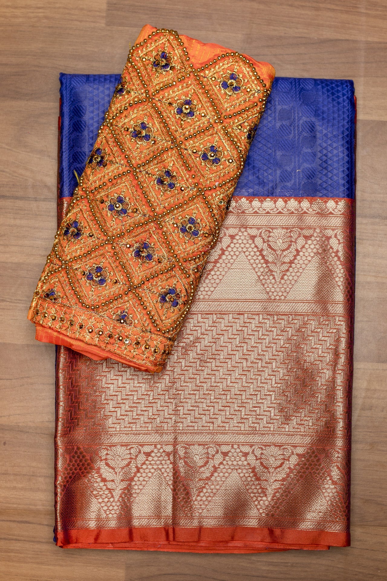 Royal Blue & Orange Big Border Kora Muslin Saree with Work blouse combo