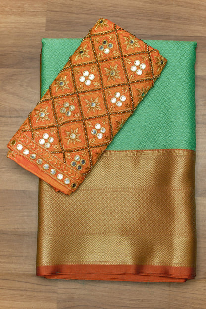 Rama Green & Orange Kora Muslin Saree with Work blouse combo