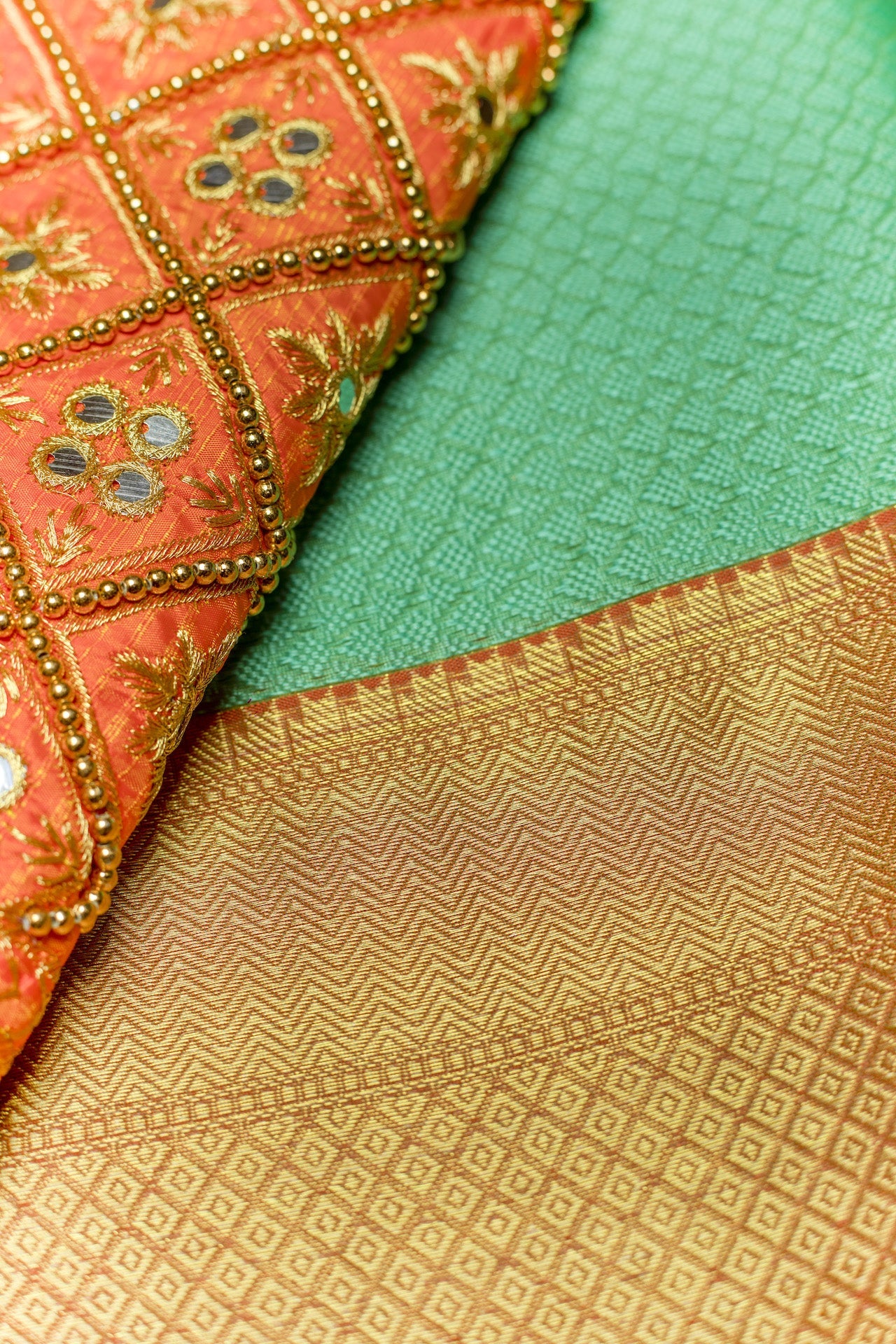 Rama Green & Orange Kora Muslin Saree with Work blouse combo