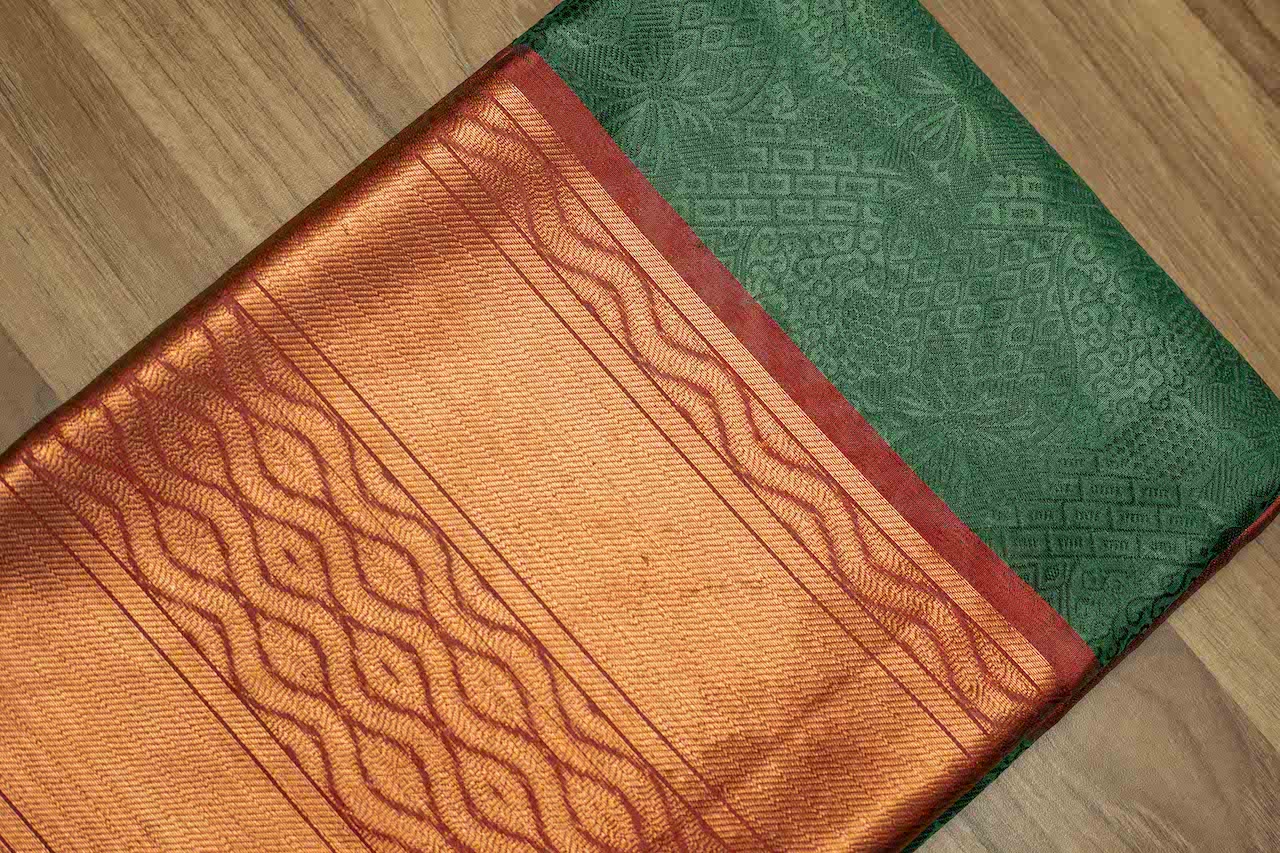 Dark Green & Red Big Border Kora Muslin Saree