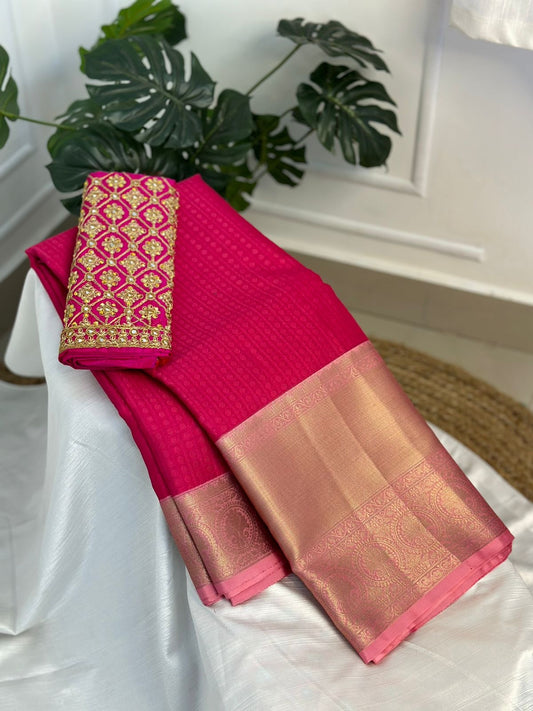 Pink Big Border Kora Muslin Saree with Work blouse combo