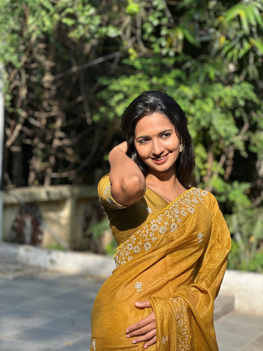 Mustard Designer Saree With Stitched Blouse