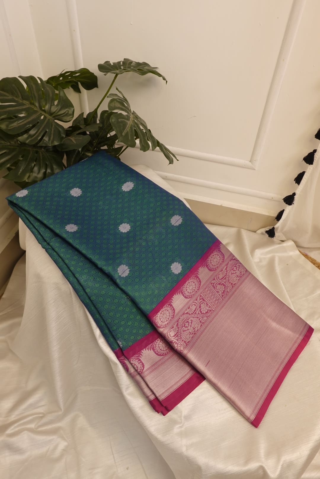 Green Pink Big Border Kora Muslin Saree with Work blouse combo