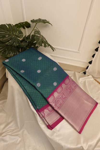 Green Pink Big Border Kora Muslin Saree with Work blouse combo