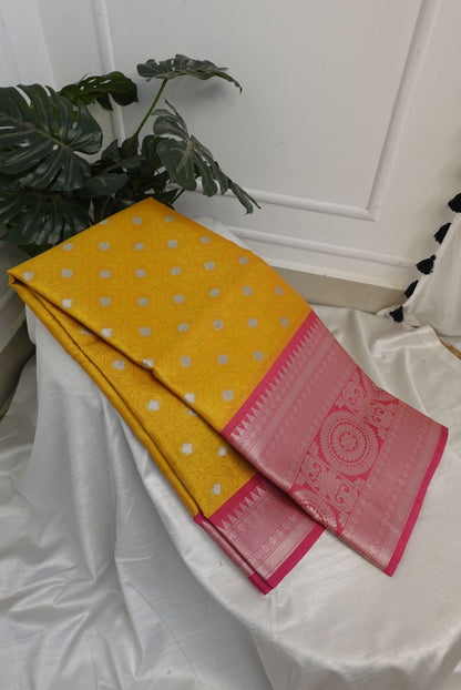 Yellow Pink Big Border Kora Muslin Saree with Work blouse combo