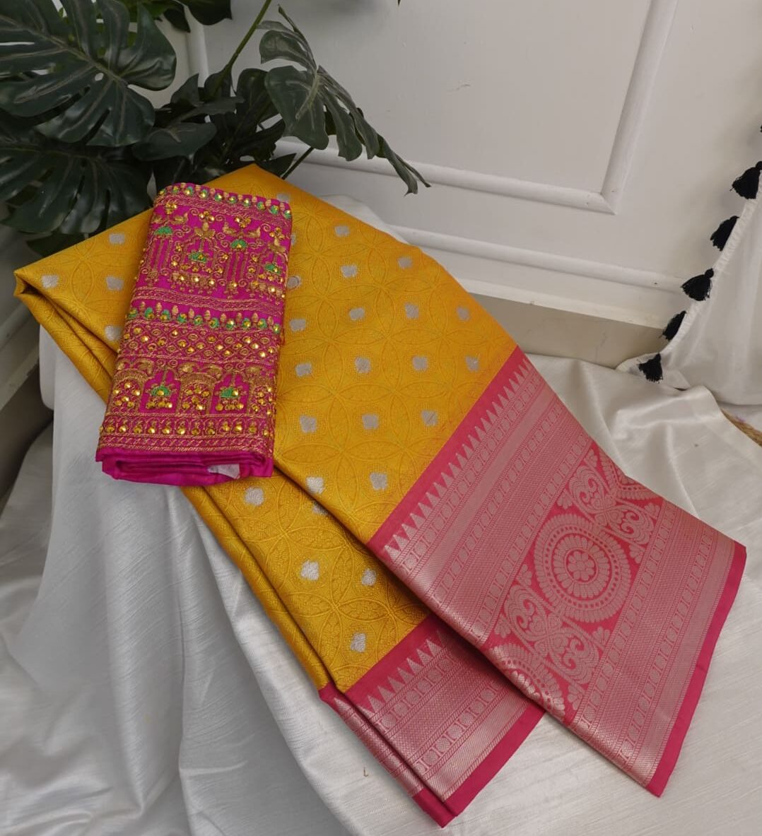 Yellow Pink Big Border Kora Muslin Saree with Work blouse combo