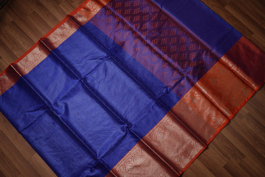 Royal Blue & Orange Kora Muslin Saree