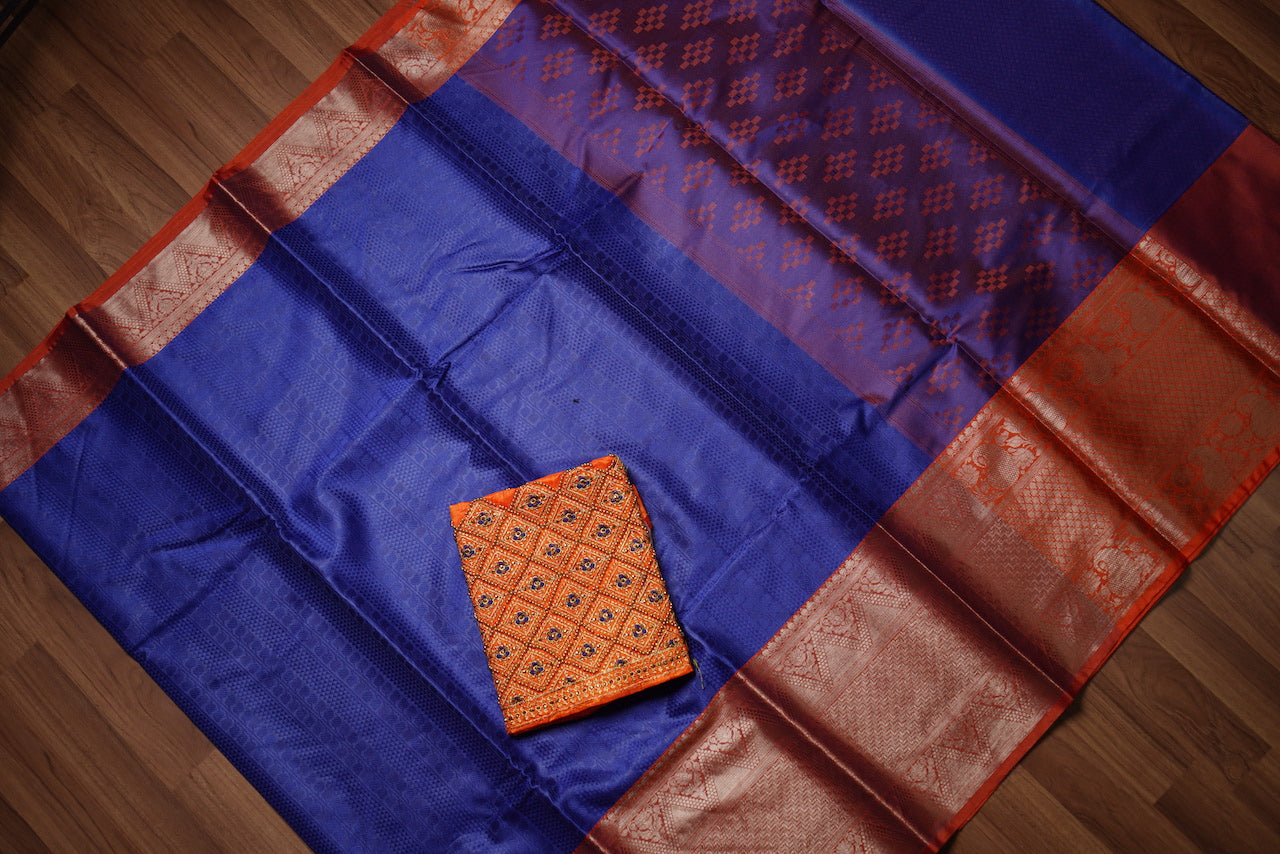 Royal Blue & Orange Big Border Kora Muslin Saree with Work blouse combo