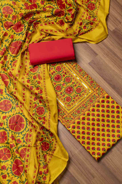 Yellow & Red Unstitched Salwar Suit