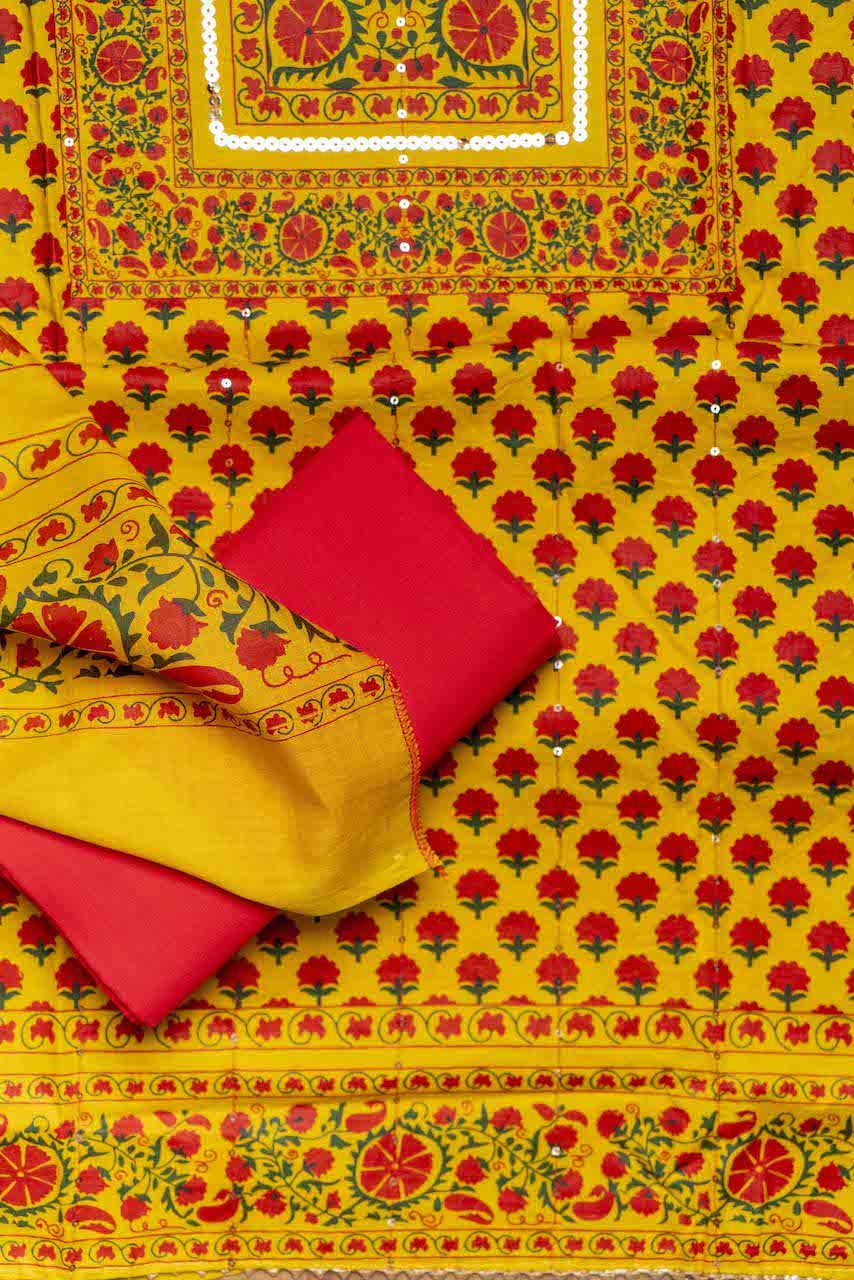 Yellow & Red Unstitched Salwar Suit