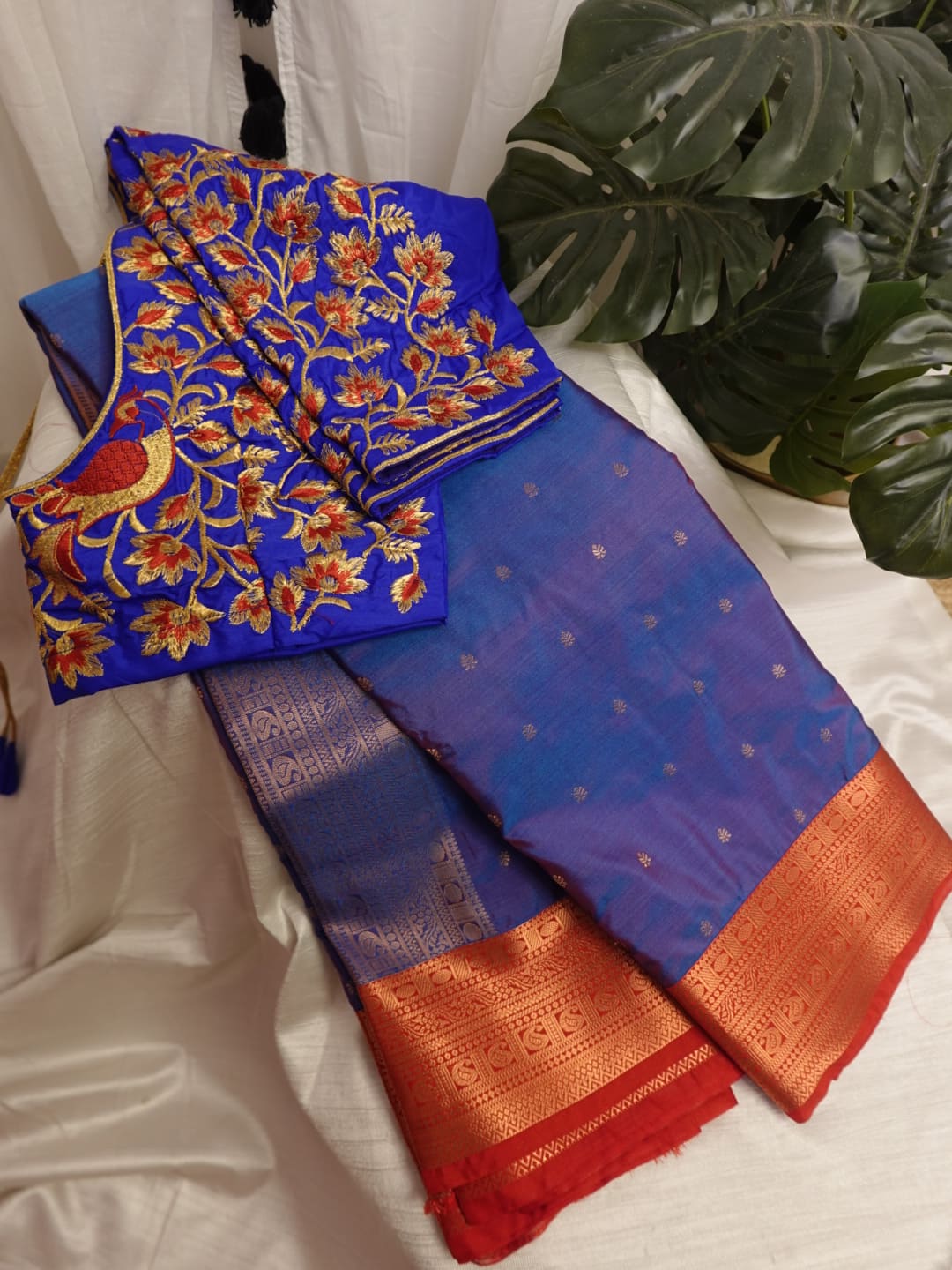 Violet Fancy Semi Silk Saree With Stitched Work Blouse