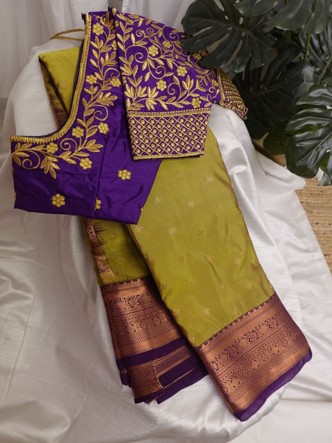 Sheen Green Fancy Semi Silk Saree With Stitched Work Blouse