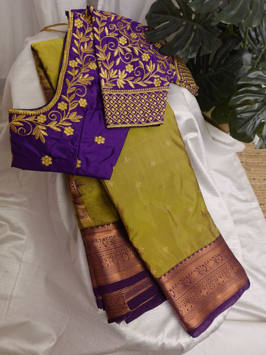 Sheen Green Fancy Semi Silk Saree With Stitched Work Blouse